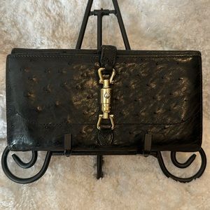 Gucci Jackie Ostrich Long Wallet w/ Gold Tone Piston Closure